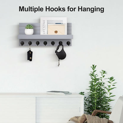 Lwenki Key Holder Wall Mount, Entryway Key and Mail Holder with 7 Sturdy Hooks for Sunglasses, Dog Leash, Decorative Wall Shelf with Mounting Hardware, 15”W x 6.7”H x 4.2”D
