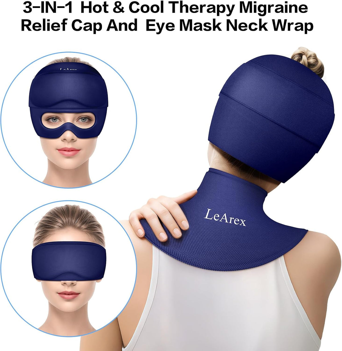 3 in 1 Migraine Relief Cap Neck Ice Pack Wrap Gel and Ice Eye Masks, Detachable Ice Caps with Eyes Masks, Hot and Cold Therapy for Relief of Headaches, Stiff Neck and Eye Fatigue (Purple)