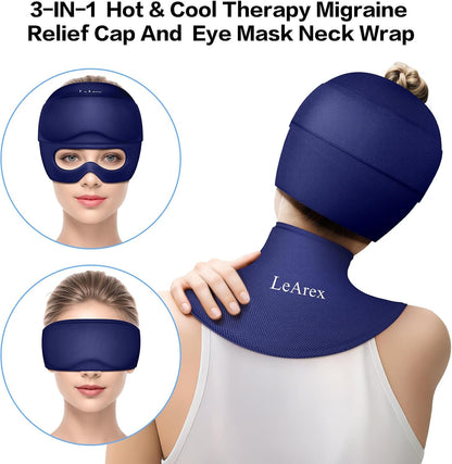3 in 1 Migraine Relief Cap Neck Ice Pack Wrap Gel and Ice Eye Masks, Detachable Ice Caps with Eyes Masks, Hot and Cold Therapy for Relief of Headaches, Stiff Neck and Eye Fatigue (Purple)