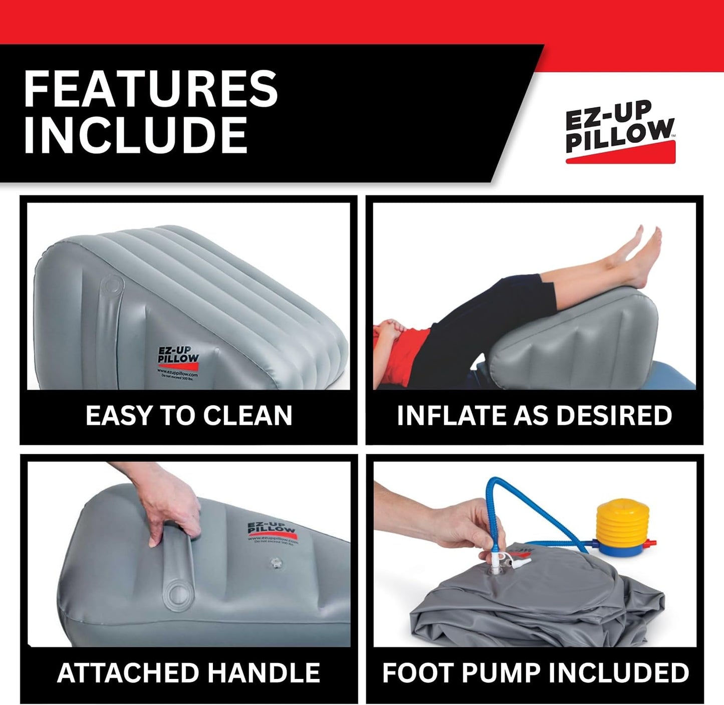 EZ Up Leg Elevation Wedge Pillow for Swelling after Surgery | Inflatable Leg Elevation Pillow with Foot Pump | Surgery Recovery, Circulation & Swelling Relief for Leg, Knee, Hip and Back