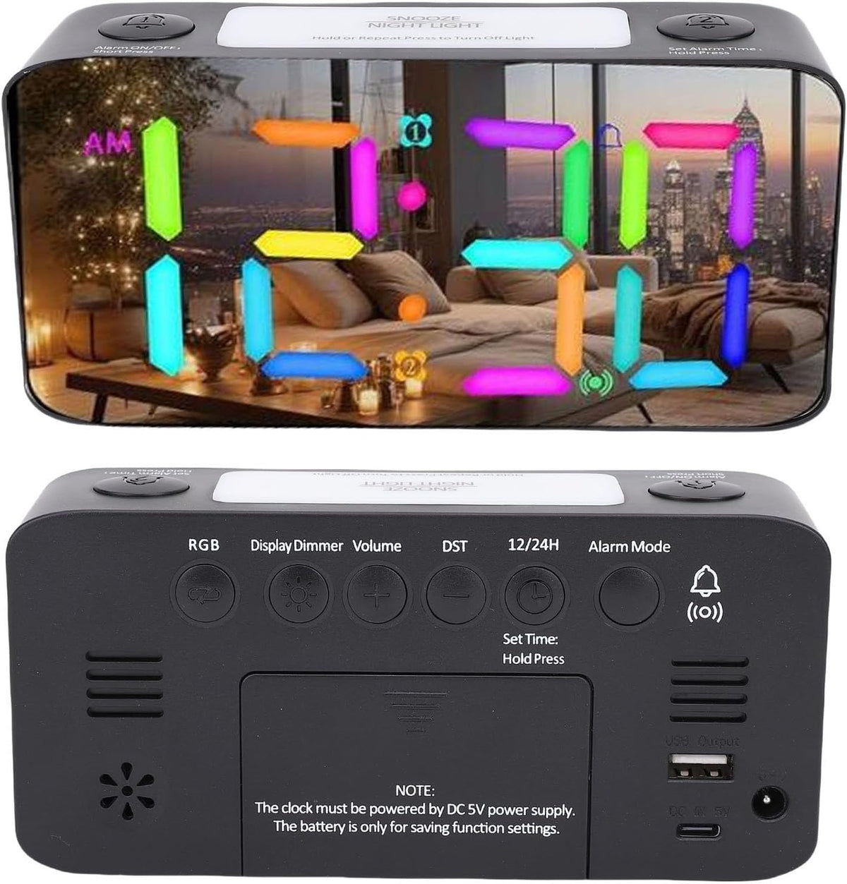 Dpofirs Alarm Clock for Heavy Sleepers with Bed Shaker, 7 Inch Mirror Display, RGB Night Light, 115dB Extra Loud Volume, Dual Alarms, USB Charger for Adults Seniors (Black)