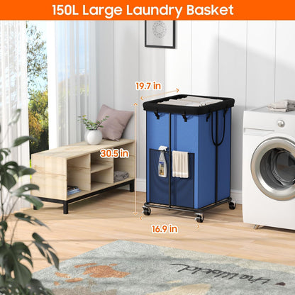 Laundry Hamper with Wheels, 150L Rolling Laundry Basket with Bag & Handles | Sturdy Metal Frame | Removable Bag | Large & Tall Dirty Clothes Hampers for Laundry Room, Bedroom, Dorm, Bathroom-Black