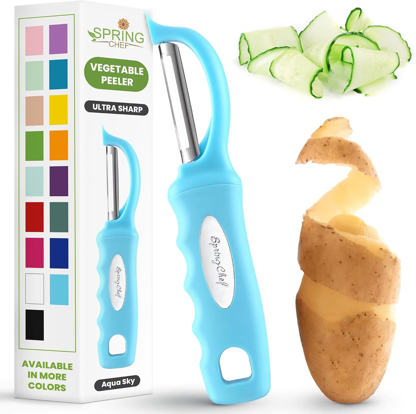 Spring Chef Swivel Potato Peeler for Kitchen w/ Soft Grip Handle, Mango | Premium Vegetable Peeler w/ Sharp Stainless Steel Blades, Multifunctional Food Peeler for Apple, Carrot, Cucumber, Fruit
