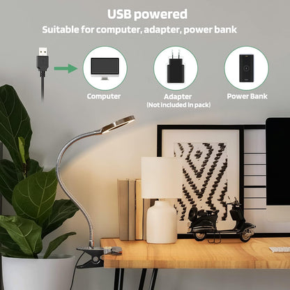 Glorious-LITE Clip on Light 36 LED Eye Caring Reading Light for Bed Silver | 360° Flexible Gooseneck, With 4 Color Modes, Dimmable Book Light for Bed, Desk, Headboard, USB Powered, With 59inch USB Wires