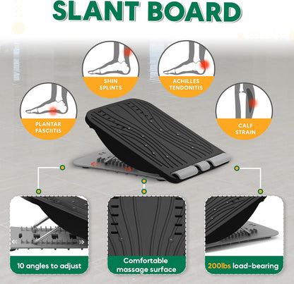 3-in-1 Adjustable Incline Slant Board for Calf Stretching Ankle, Foot Massage, 10 Changeable Levels Rocker Board for Plantar Fasciitis Physical Therapy Equipment - Black