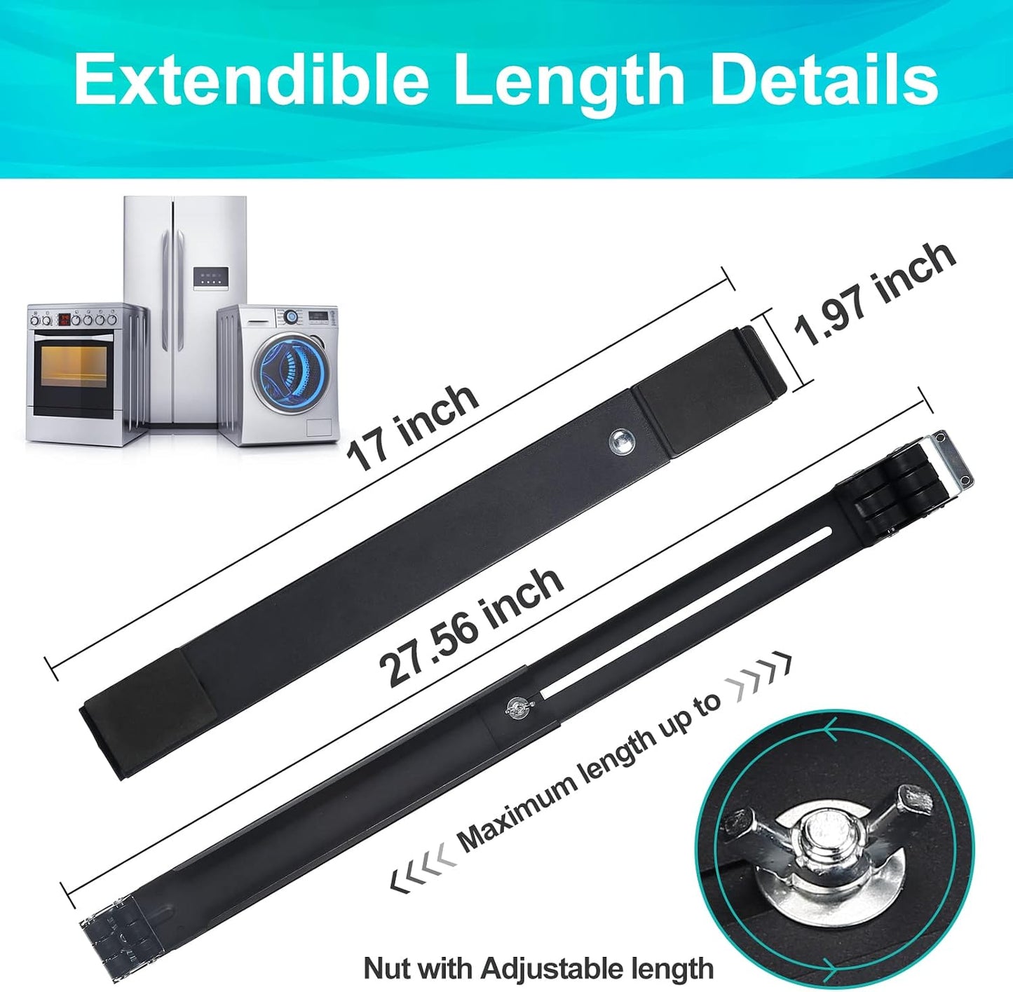 Extendable Furniture Appliances Rollers, Mover Tools for Moving, Black | 24 Roller & Brake Equipment for Heavy Washing Machine Refrigerator for Mobile Wheels Strong Base Stand Hold Up to 660 lb