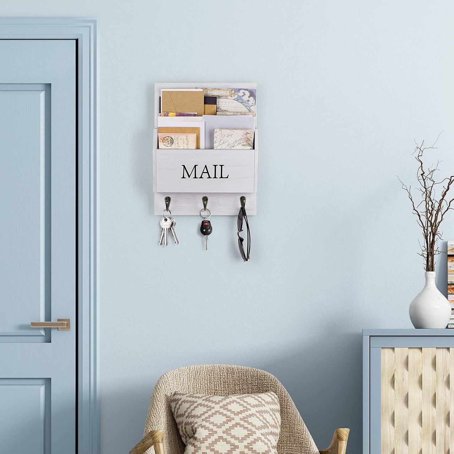 DLQuarts Solid Wood Mail Organizer with Key Holder for Wall, Mail Sorter Wall Mounted, Decorative Wooden Key and Mail Holder with 3 Hooks, White