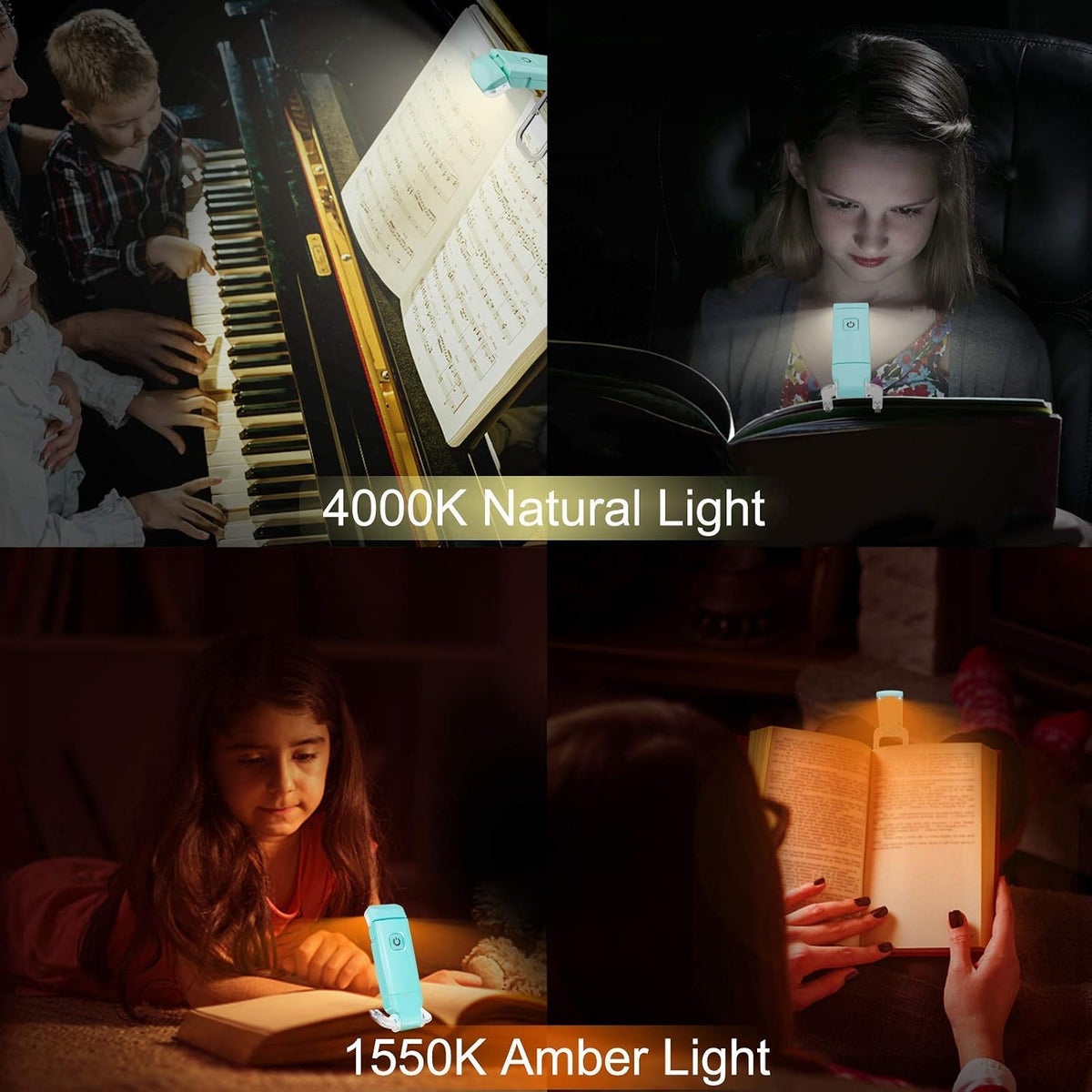 LUXSWAY USB Rechargeable Book Light for Reading,Small Book Reading Light in Bed,Clip On Bookmark Kids Light for Bed,Brightness Adjustable for Eye Care,2 4000K and 2 1550K LEDs for Bookworms