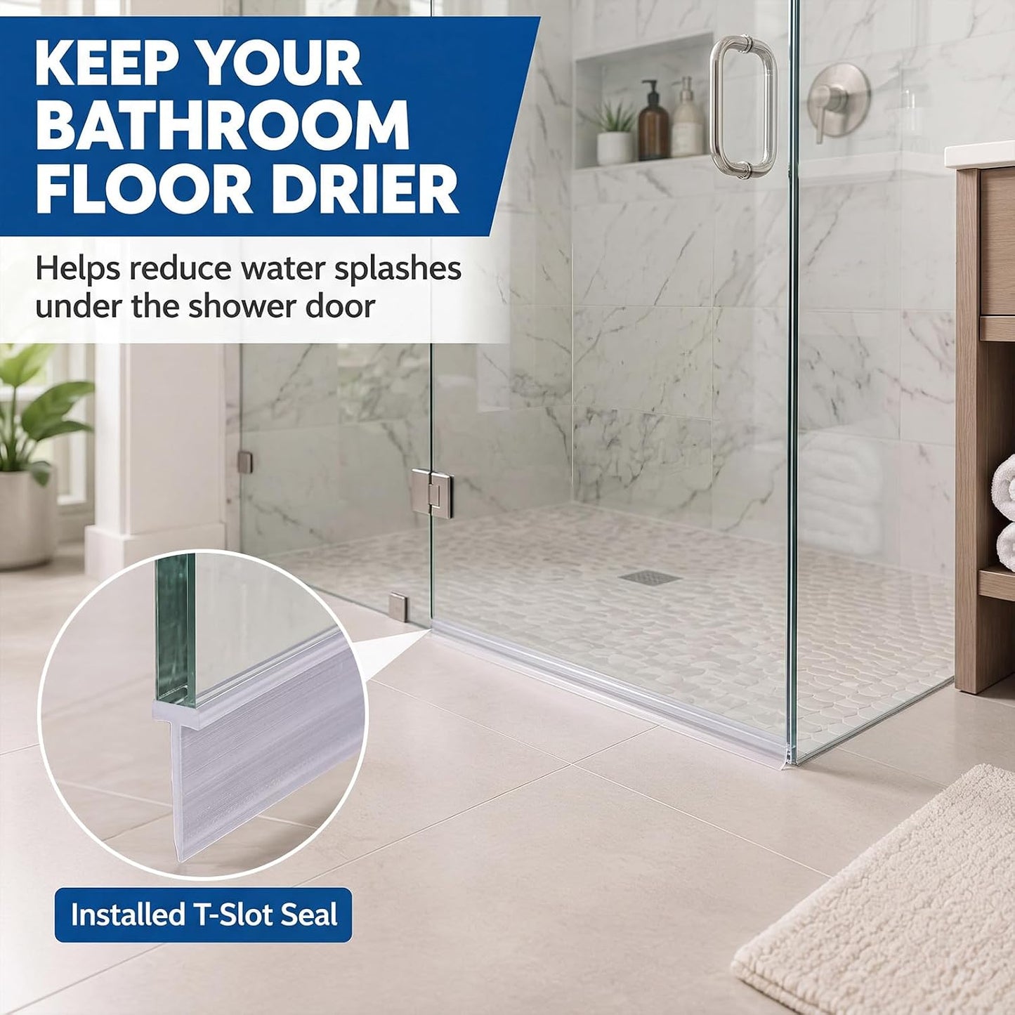 Treela 108-Inch 1" T-Slot Shower Door Seal Strip | Flexible silicone blocks leaks/splashes and replace old, cracked, loose, or missing door sweeps