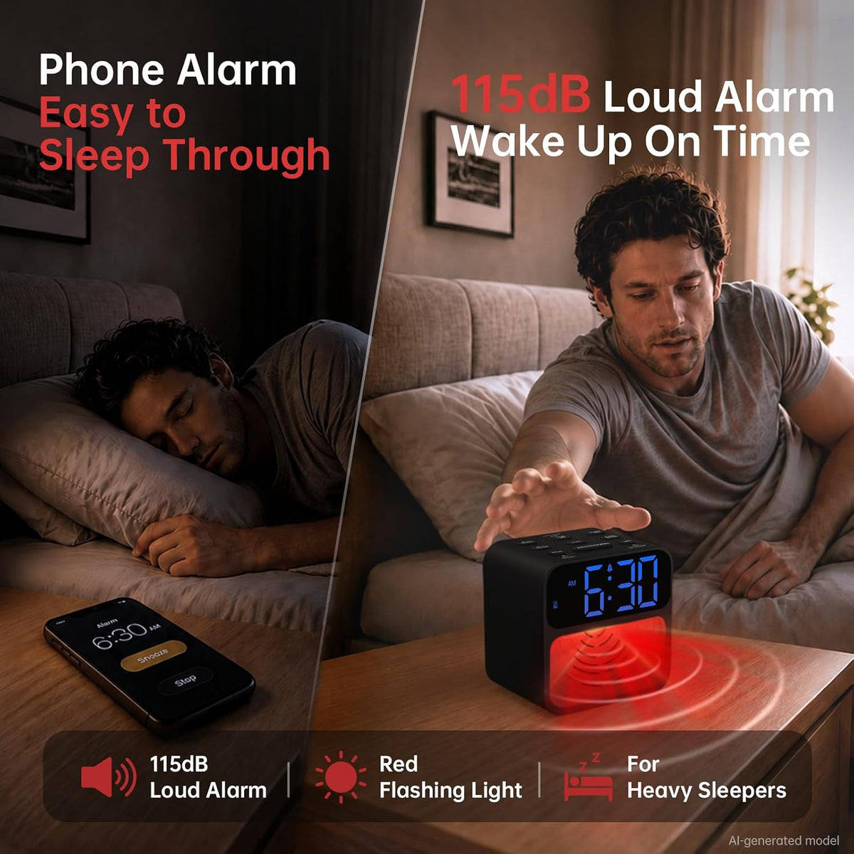 AuroraCalm Extra Loud Alarm Clock for Heavy Sleepers with 115dB Alarm