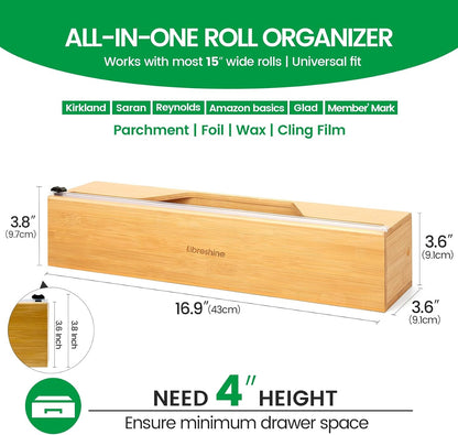 18-Inch Foil Dispenser with Slide Cutter & Butcher Paper Holder | Compact bamboo organizer for countertop, drawer, cabinet or wall mounting, made for many common 18-inch foil and paper rolls