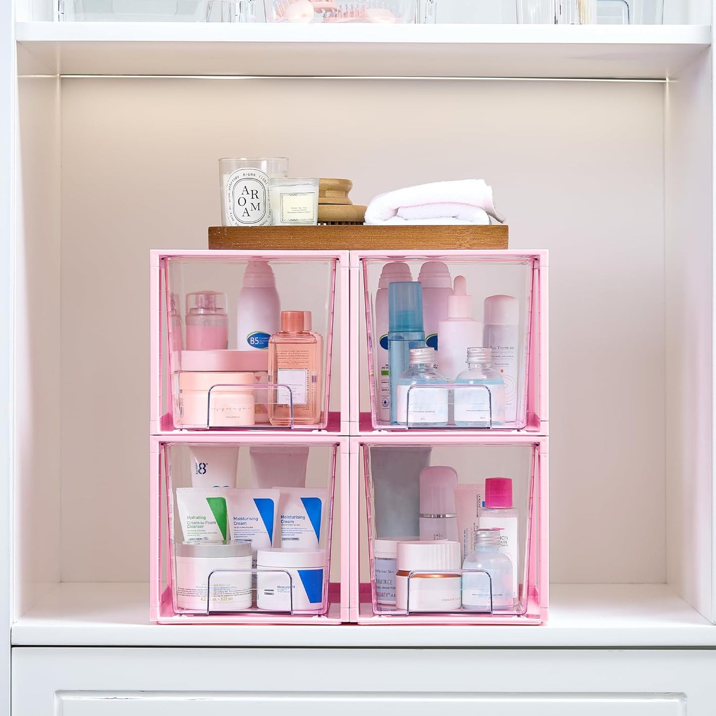 Vtopmart 4 Pack Large Stackable Storage Drawers, Clear | Easily Assemble Bathroom Closet Undersink Organizers and Storage Kitchen Cabinets,Pantry,Makeup,Medicine Organization