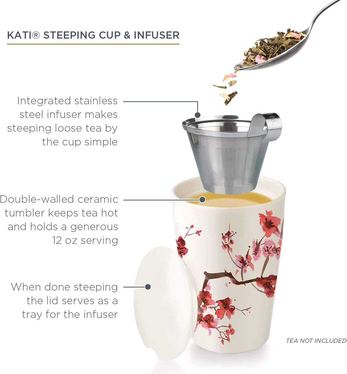 Tea Forte Double-Walled Ceramic Kati Cup, Noir, 12 oz | Insulated Ceramic - Stainless Steel Loose Leaf Infuser - Keeps Tea Hot Longer - Lid Included - Microwave & Dishwasher Safe