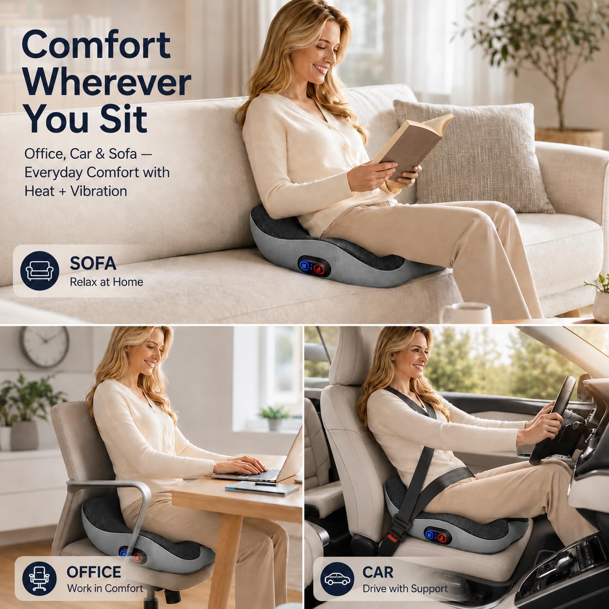 2-in-1 Rechargeable Heated Seat Cushion with Vibration Massager | Cordless Office Chair Cushion with 3 Heat Levels & 3 Vibration Modes, Ergonomic Tailbone Support for Desk Chair, Car, Home