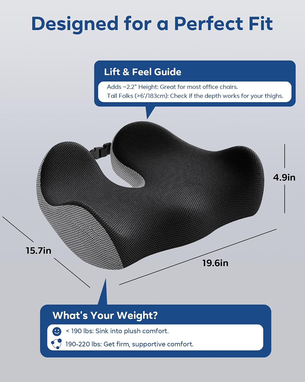 Seat Cushion for Office Chair - Memory Foam Tailbone Cushion | for Desk Chair, Car Seat and Wheelchair - Ergonomic Chair Pad for Hip and Lower Back Comfort - Washable Mesh Cover