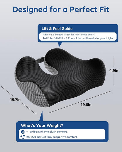 Seat Cushion for Office Chair - Memory Foam Tailbone Cushion | for Desk Chair, Car Seat and Wheelchair - Ergonomic Chair Pad for Hip and Lower Back Comfort - Washable Mesh Cover