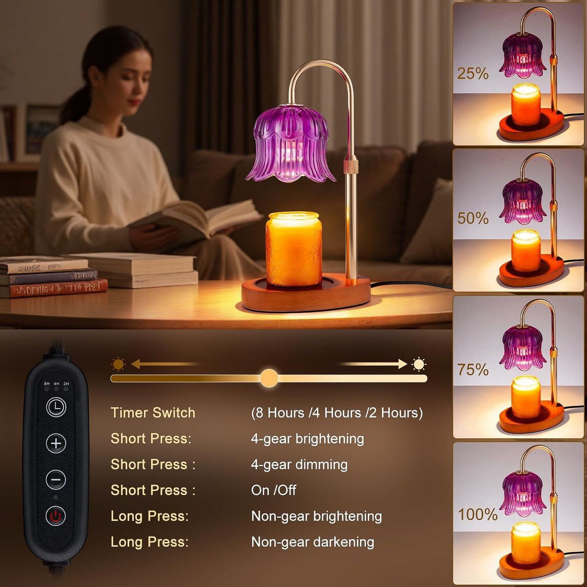 Candle Warmer Lamp Adjustable Timer - Electric Flower Glass Candles Light