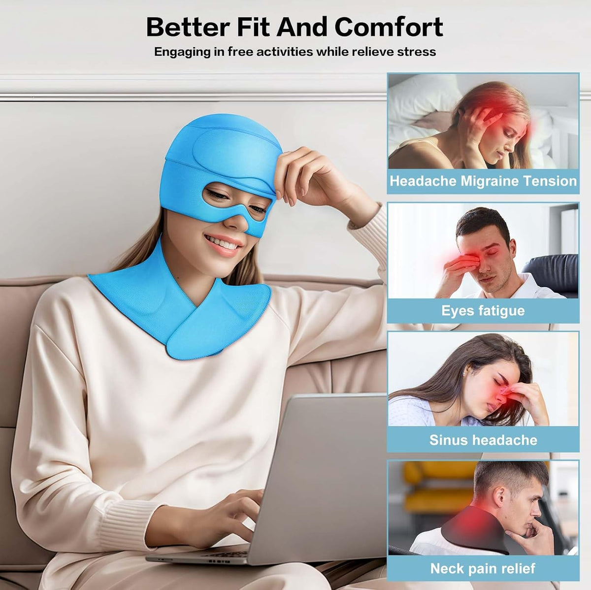 3 in 1 Migraine Relief Cap Neck Ice Pack Wrap Gel and Ice Eye Masks, Detachable Ice Caps with Eyes Masks, Hot and Cold Therapy for Relief of Headaches, Stiff Neck and Eye Fatigue (Purple)