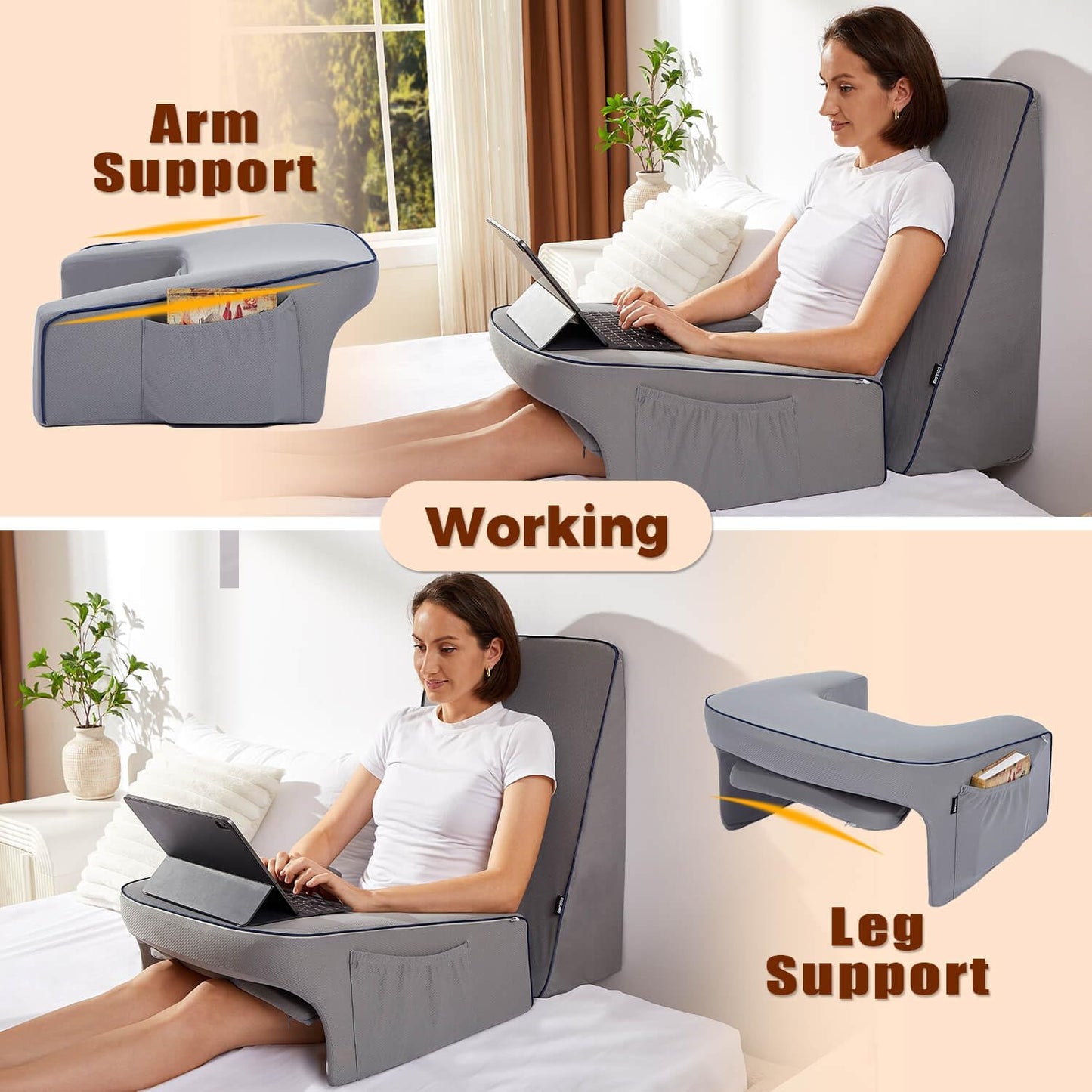 cooloo8 Reading Pillow with Armrests – Extra Large Memory Foam Gaming Pillow for Adult, Lap Desk for Laptop, Arm Rest for Working, Crocheting, Playing Game or Siting in Bed, Floor, Sofa, (Grey)