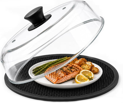 10 Inch Glass Microwave Splatter Cover with 12 Inch Silicone Mat