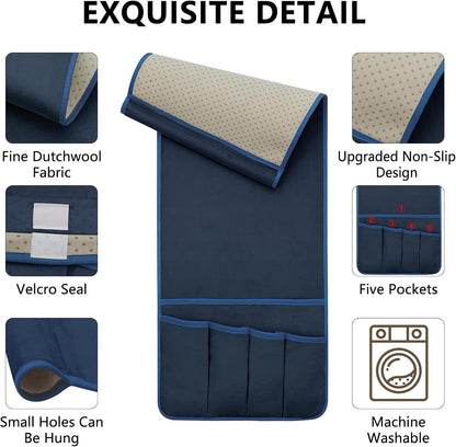 Remote Control Holder for Armchair Caddy, Remote Holder with 5 Pockets | Couch TV Remote Holder with Non-Slip Base, Bedside Caddy Organizer for Key Glasses Phone Magazine (Blue, 35"x12.4")
