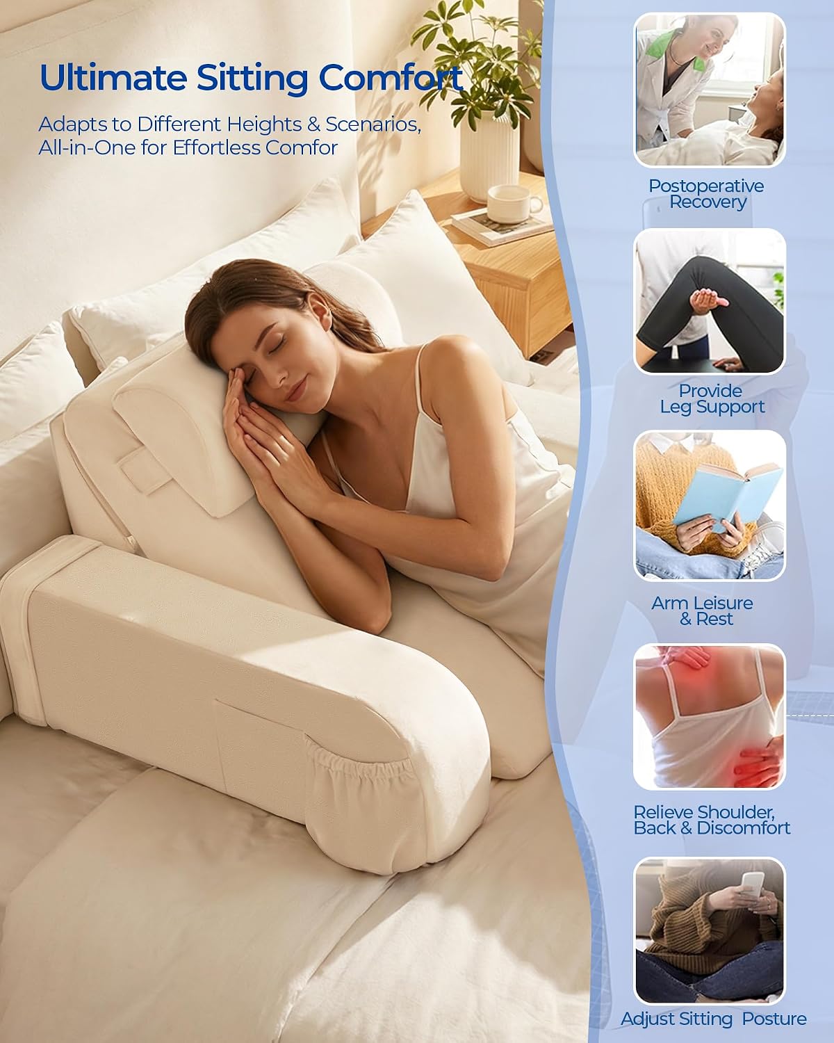 Kayfia Reading Pillow, 30-90° Stepless Adjust Angle & Height, Large, Grey | 2 in 1 Back Wedge Pillow for Bed Sitting up, Adjustable Headrest, Backrest Pillow for Reading/Gaming/Working in Bed or Couch