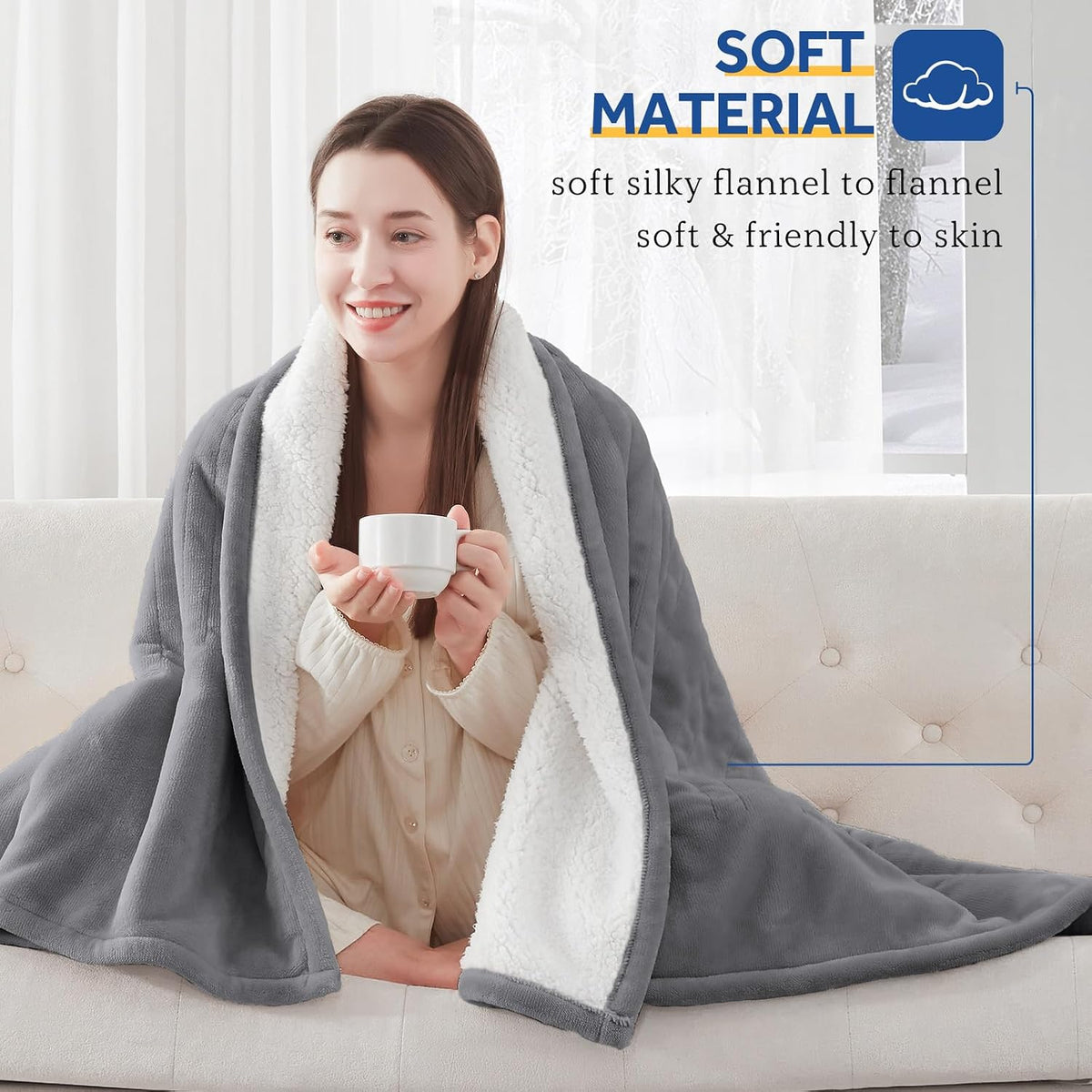 Sealy Electric Throw Blanket Heated Flannel & Sherpa Auto Shutoff 50"x60"