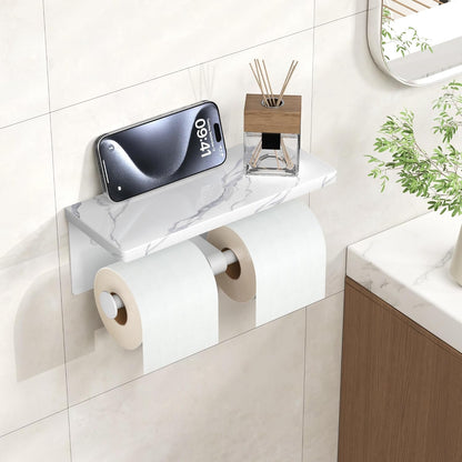 FORIOUS Toilet Paper Holder with Shelf, Natural Marble, Commercial | Brushed Nickel, Wall Mount 304 Stainless Steel Commercial Bathroom Tissue Roll Dispenser, Heavy Duty Washroom Paper Storage