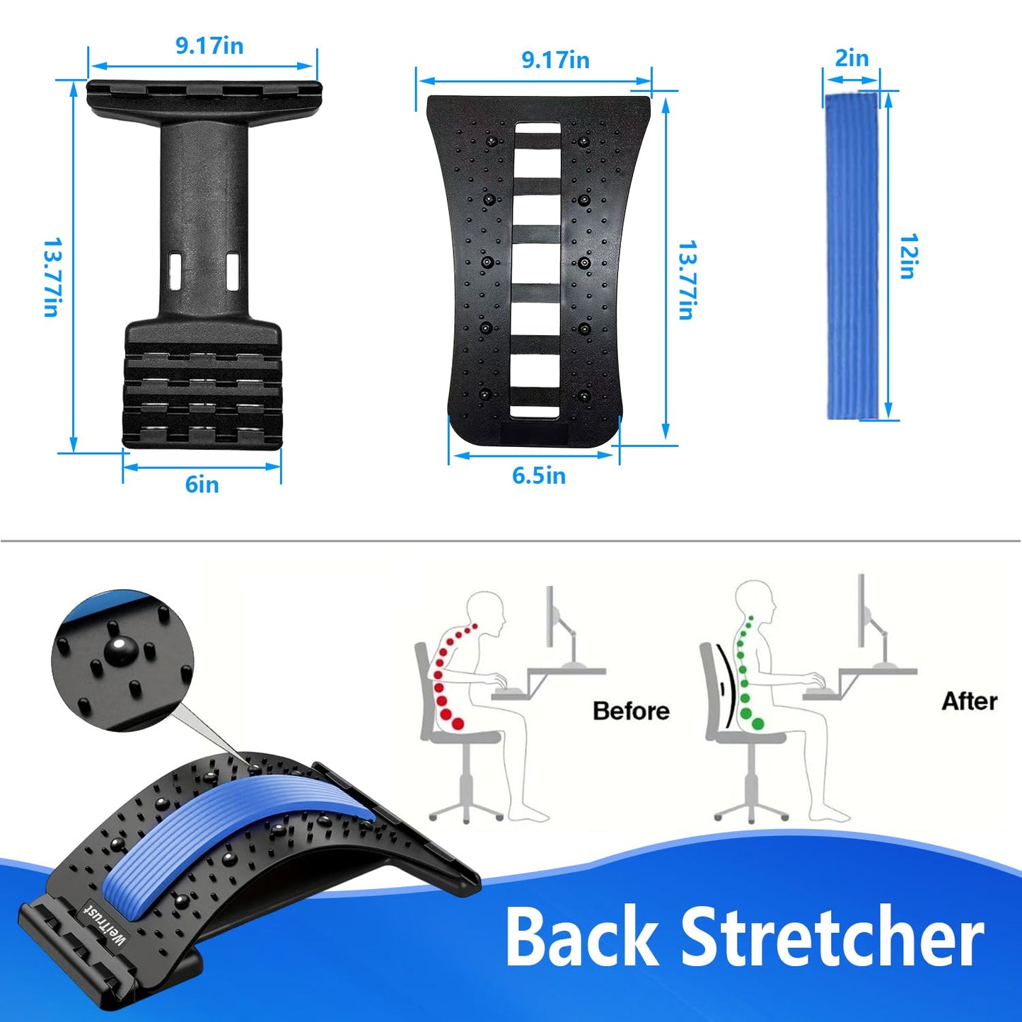 Back Stretcher - 4-Level Adjustable Lumbar Support Board & Back Cracker for Lower Back Pain Relief, Home Office Use (Purple)