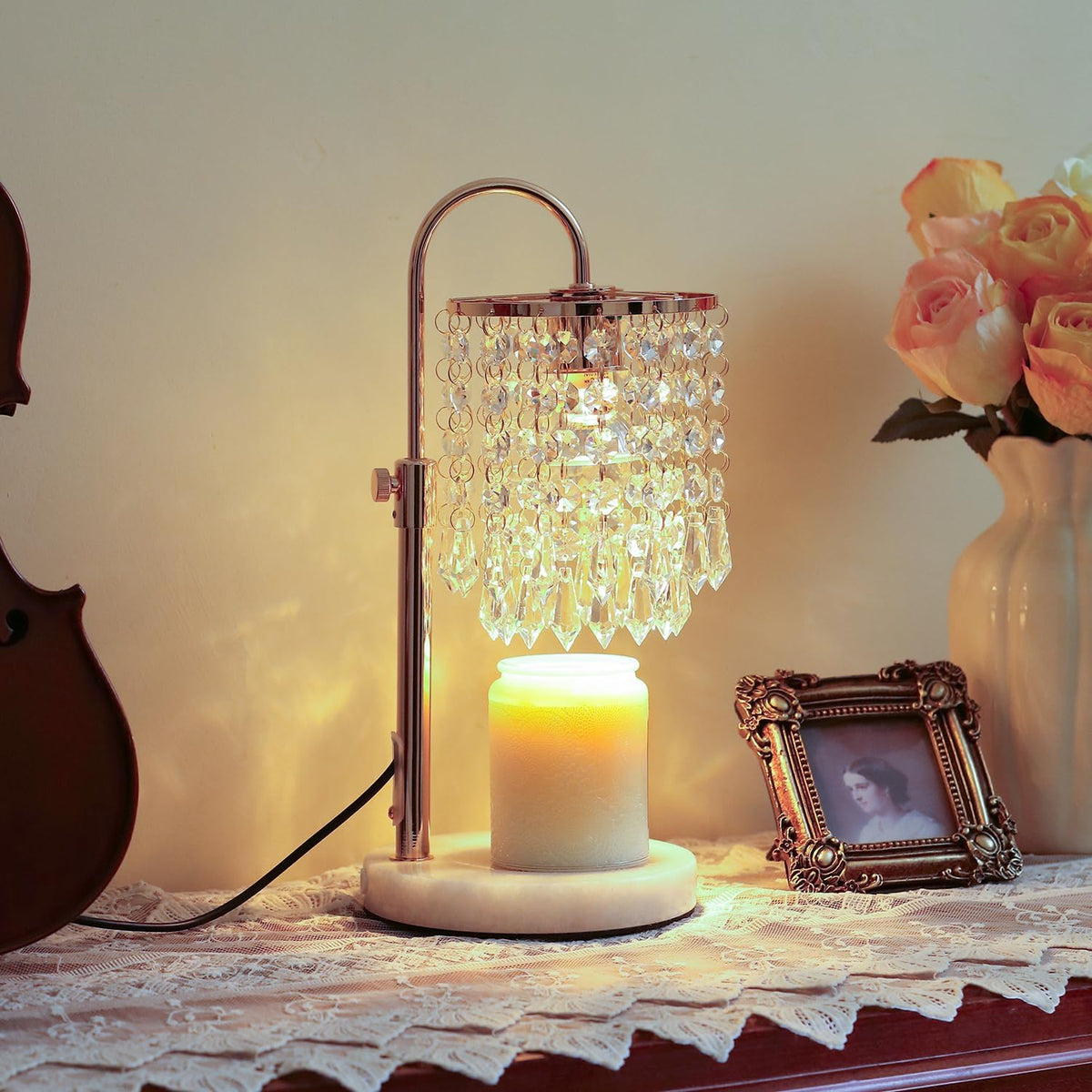 Candle Warmer Lamp with Timer Dimmer，2H/4H/8H Timer , Lamp Candle Warmer with Marble Base for Adjustable Height, Crystal Wax Melt Warmer for Jar Candles, House Warming Decor Gifts Mothers Day Gifts