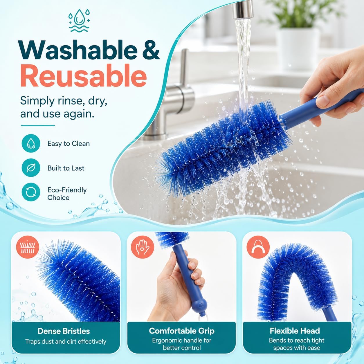 2026 New Bendable Microfiber Duster, Upgrade Reusable Bendable Cleaning Brush for Home Electric Fan Air Conditioner Car Vent Curtains Cleaner(Blue)