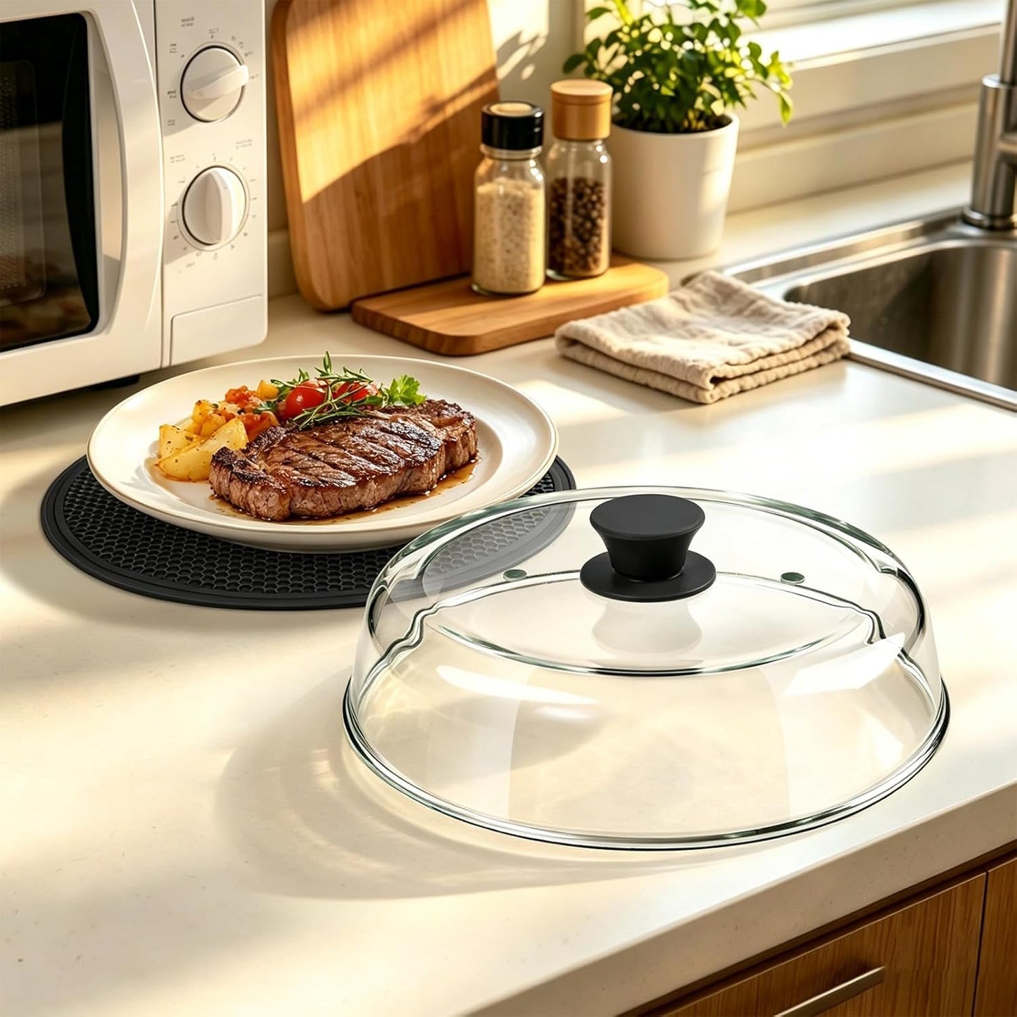 10inch Glass Microwave Splatter Cover for Food with Silicone Mat – Heat Resistant Plate Splatter Guard Lid with Vent Holes & Easy-Grip Handle – BPA Free, Dishwasher Safe
