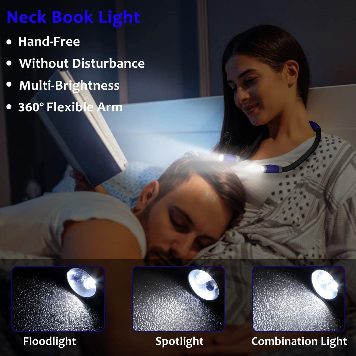 LUXJET Neck Reading Light & Book Light for Reading in Bed - Hands Free, 3 Colors & 6 Brightness Levels, 360° Flexible Arms, 80-Hour Rechargeable - Reading, Knitting, Camping, Repairing