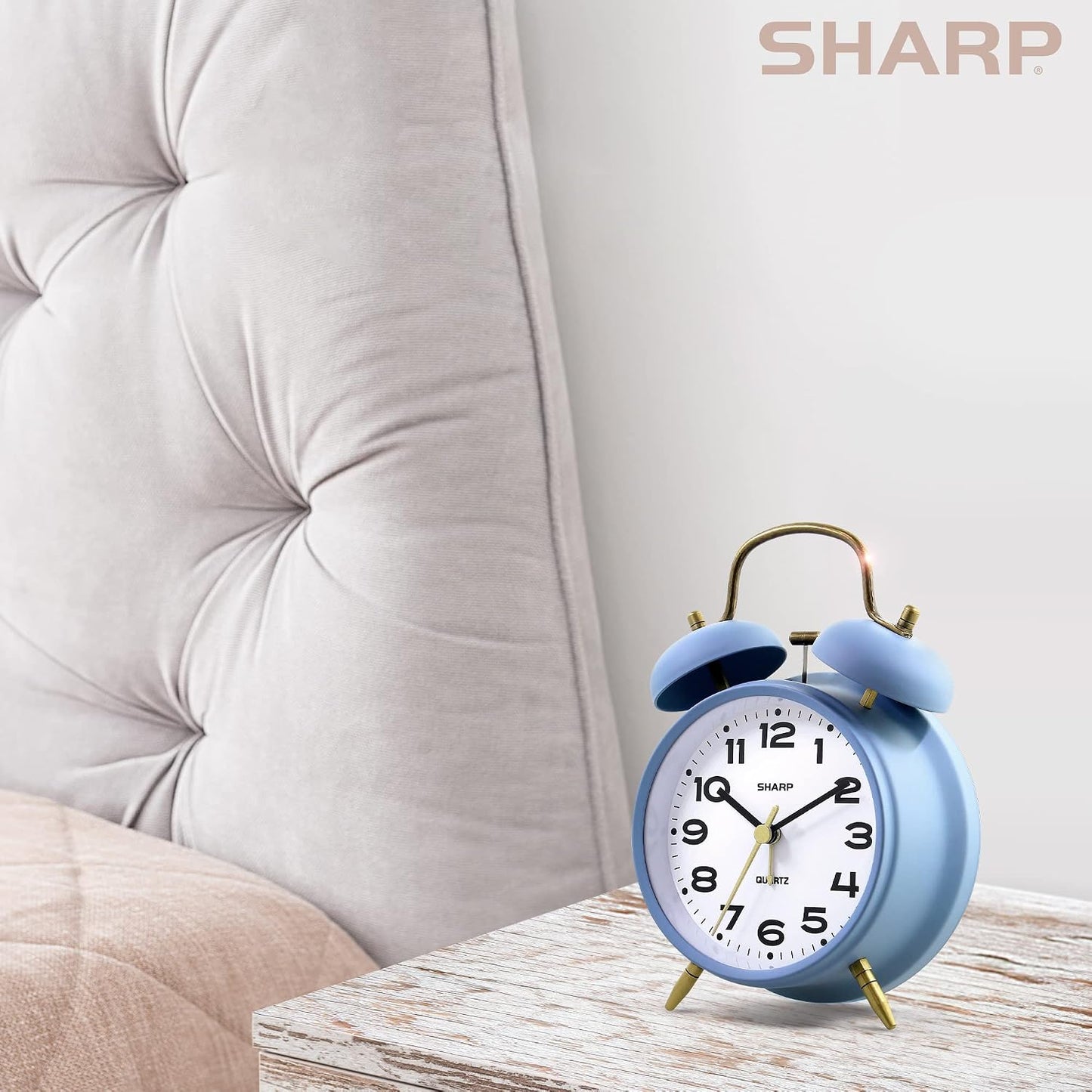 Sharp 4-Inch Twin Bell Alarm Clock for Heavy Sleepers (Matte Navy) | Extra-loud metal bell alarm, quiet quartz movement, press-button backlight, rustic bronze accents, battery operated