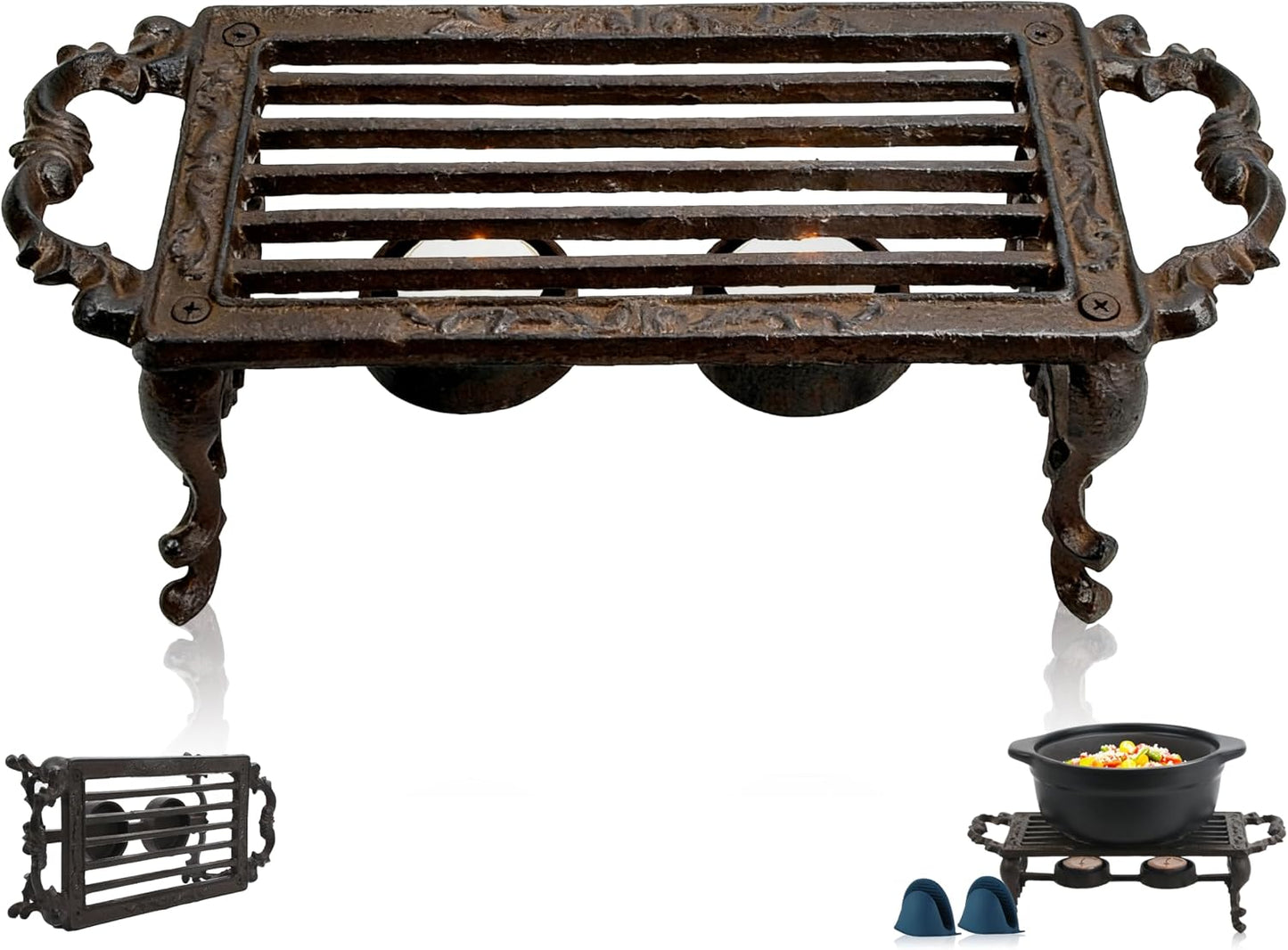 Cast Iron Teapot Warmer, Durable Tea Pot Warmer with 2 Tealight Holders for Tea, Coffee & Food Simmer Pot, Heavy-Duty Tea Warmer for Desk or Home, Includes Candle& Pinch Mitts