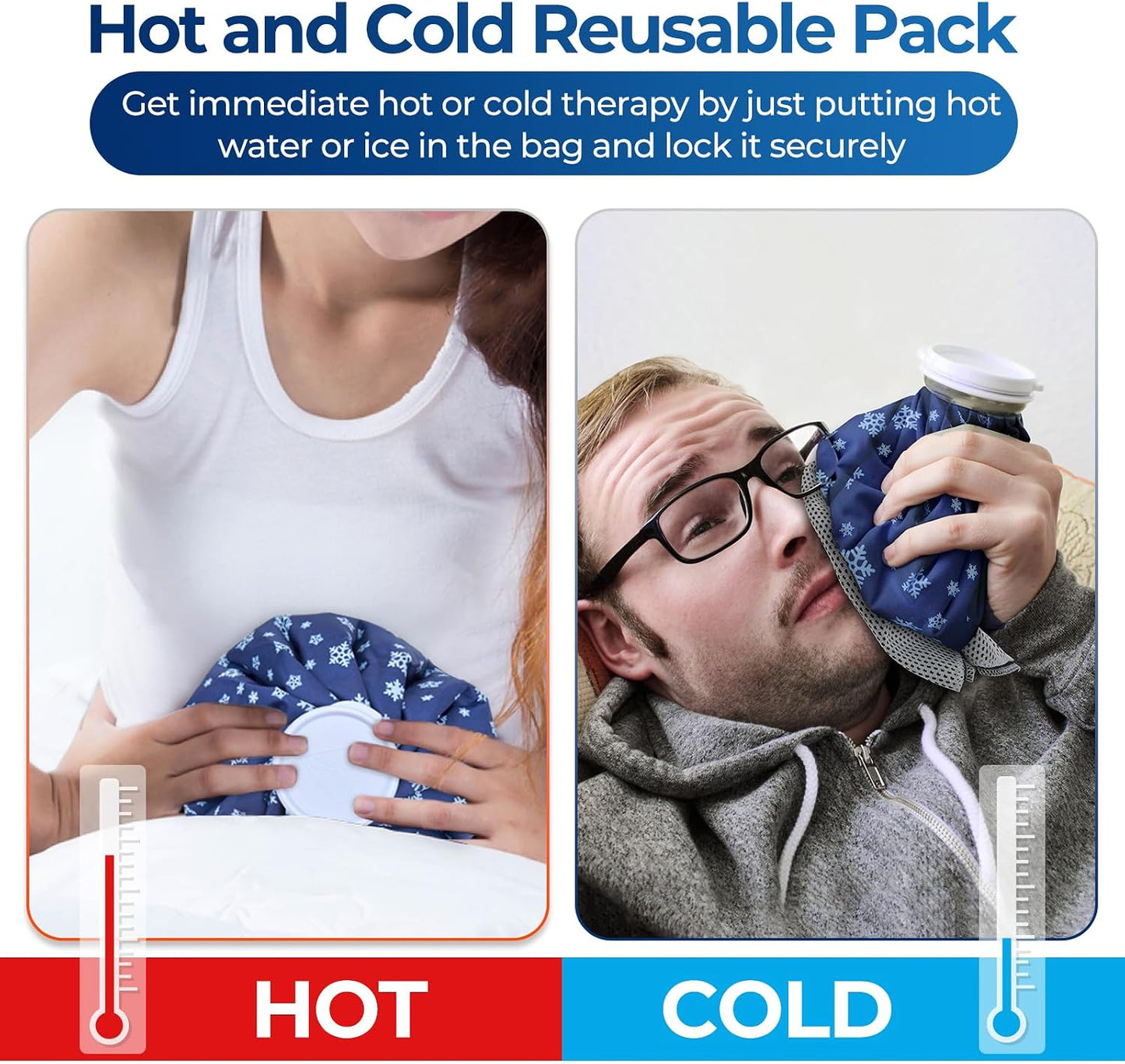 Ice Bags for Injuries Reusable: Ohuhu 3 Packs Ice Cold Packs with 2 Wrap Ice Bag Hot Water Hot & Cold Therapy Pain Relief for Knee Leg Injury No-Leak Waterproof Ice Bags 3 Sizes 6"/9"/11", Light Blue
