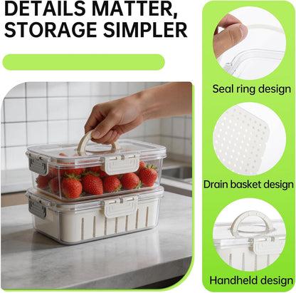 Fruit Storage Containers for Fridge, Strawberry Containers for Fridge with Handle, 2 Pack Keepers with Removable Mesh Screen, Berry Saver for Fresh Fruit, Stays Fresh, Simple to Clean