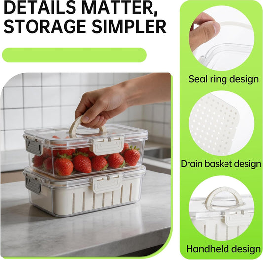 Fruit Storage Containers for Fridge, Strawberry Containers for Fridge with Handle, 2 Pack Keepers with Removable Mesh Screen, Berry Saver for Fresh Fruit, Stays Fresh, Simple to Clean