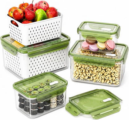 Fruit Storage Containers for Fridge with Removable Colander, Food Storage Containers with Lids, Dishwasher & Microwave Safe, Keep Berry Fruit Vegetable Meat Fresh Longer (Clear Body/Clear Lid)