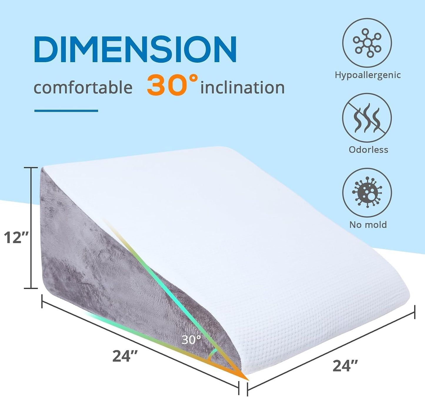 Sasttie Wedge Pillow 24x24x12 inch, Memory Foam Bed Wedge, Cool Grey | Triangle Pillow for Sleeping, Acid Reflux, Back Pain, Post-Surgery, and Snoring, Designed with Removable Washable Cover
