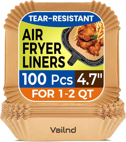 Vailnd 100Pcs Small 4.7 Inch Square Air Fryer Liners Disposable for 1-2 Qt | Non-stick, Oil-proof Parchment Paper fir for CHEFMAN, Food-grade Baking Paper Sheets for Mini Airfryer Basket