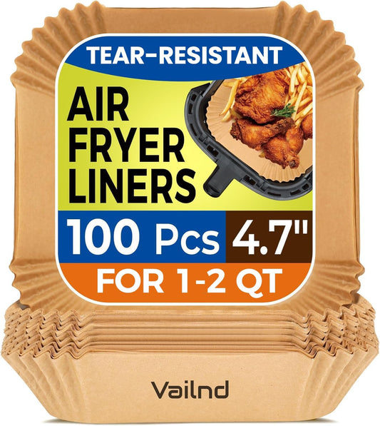 Vailnd 100Pcs Small 4.7 Inch Square Air Fryer Liners Disposable for 1-2 Qt | Non-stick, Oil-proof Parchment Paper fir for CHEFMAN, Food-grade Baking Paper Sheets for Mini Airfryer Basket
