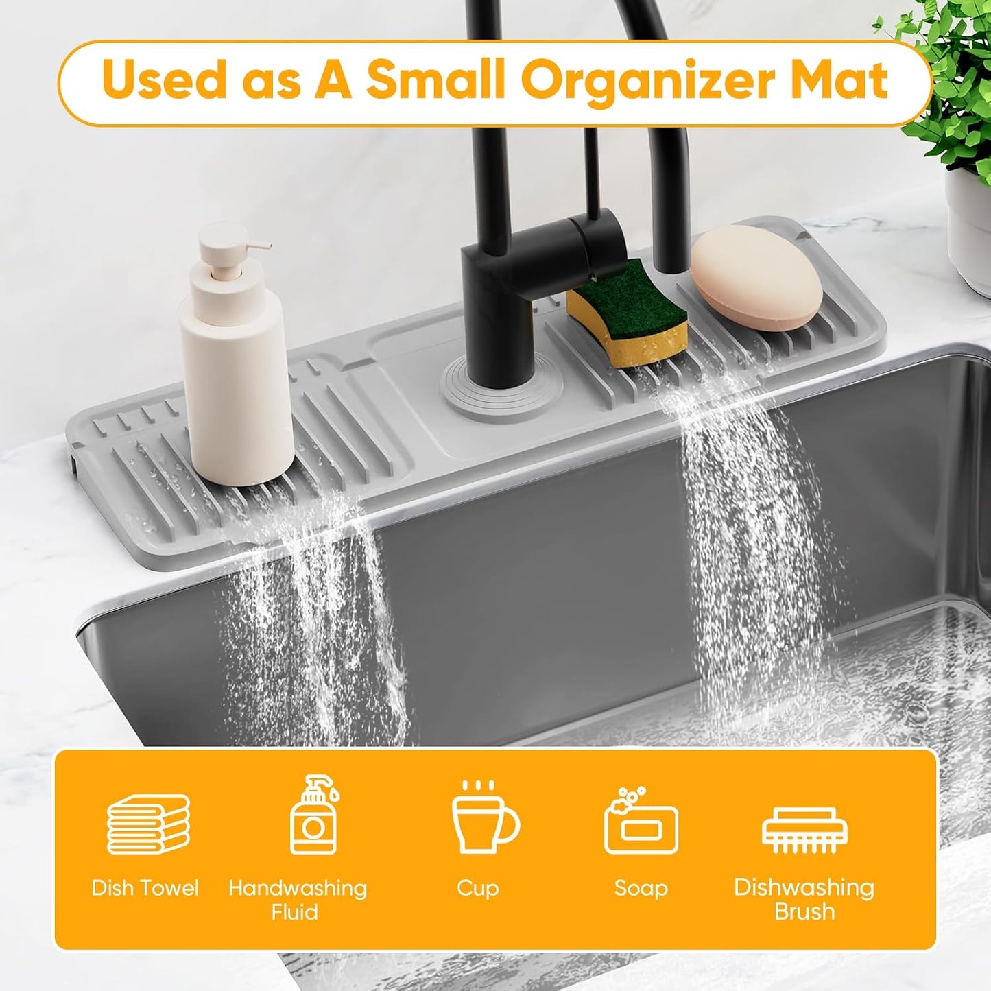 24'' Longer Faucet Mat for Kitchen Sink Splash Guard[7° Slope Fast Self-draining][Snap Lock Fit]Kitchen Sink Faucet Mat Splash Guard Kitchen Sink Area Water Splash Guard Behind Faucet Draining Mat