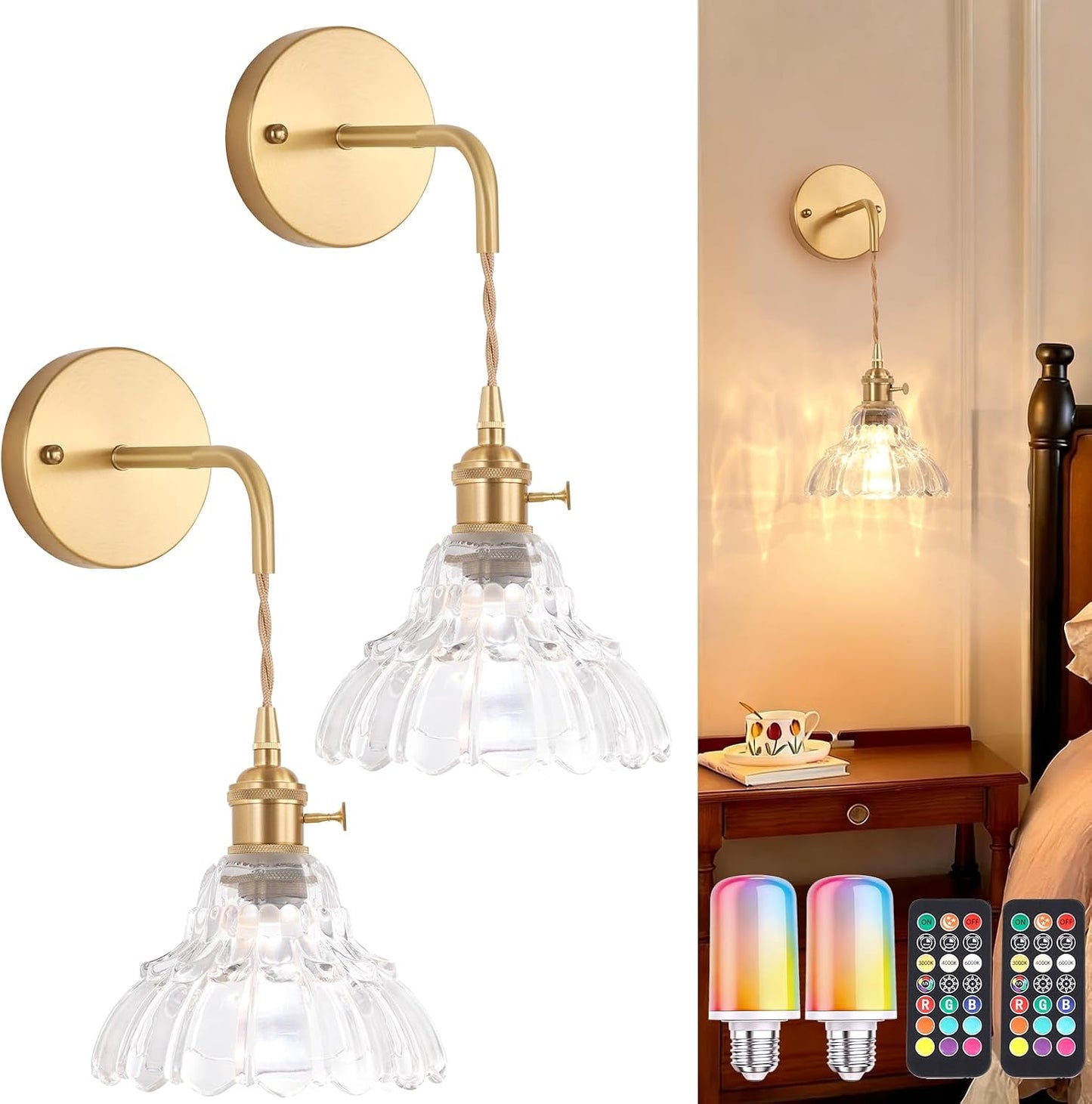 Shenmoyl Battery Operated Wall Sconce Wall Lamp with Green Lily of the Valley Shade Pattern Glass Adjustable Chain Retro Gold Wall Mounted Light, Modern Wall Lamp Fixtures Decor for Bedside Bedroom