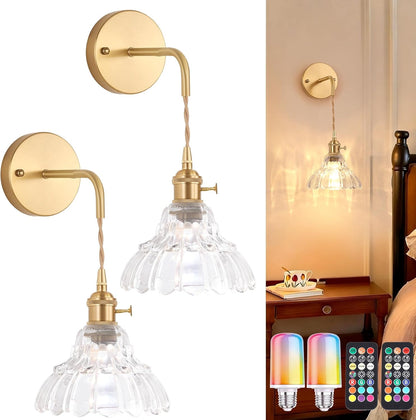 Shenmoyl Battery Operated Wall Sconce Wall Lamp with Green Lily of the Valley Shade Pattern Glass Adjustable Chain Retro Gold Wall Mounted Light, Modern Wall Lamp Fixtures Decor for Bedside Bedroom