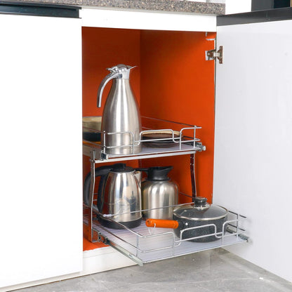 VEVOR Pull Out Cabinet Organizer, 14" Wx21.2 Dx15.2 H Heavy 2 Tier Duty Slide Out Pantry Shelves, Chrome-Plated Steel Roll Out Drawer for Under Sink, 15.5" Wx22.5 Dx19 H Install Size for Cabinet