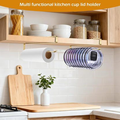 LWGFIO 2 Pack Tumbler Lid Organizer, Under Cabinet Cup Lid Holder, Black | Iron racks, 10.24-inch length, slide onto shelves, no drilling or adhesive, space-saving kitchen storage inside cabinets