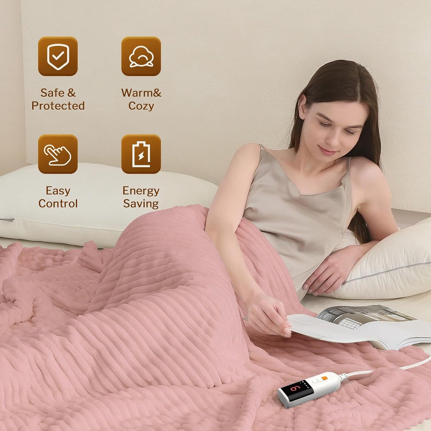 Heated Throw Blanket, 5 Heat Levels, 3 Hours Auto-Off, White | ETL & FCC certified, 50" × 60", OEKO-TEX fabric, machine washable, 100W low energy
