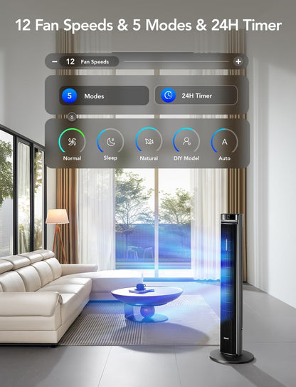 GoveeLife 42'' Tower Fan for Bedroom, Smart Floor Fans with 150° Adjustable Oscillating, APP & Voice Control, 5 Modes 12 Speeds up to 26ft/s, 24H Timer, 27dB Quiet Fan for Cooling Home Office Silver | Smart Floor Fans for Bedroom, up to 26ft/s, APP &