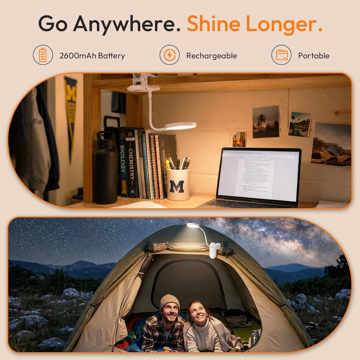 Clip on Light, Stepless Dimmable & 3 Colors Touch Control Clip On Bed Light. 2600mAh Rechargeable Reading Lights for Books in Bed, Headboard and Bedside Table Lamp, Reading Light For Dorm/Home